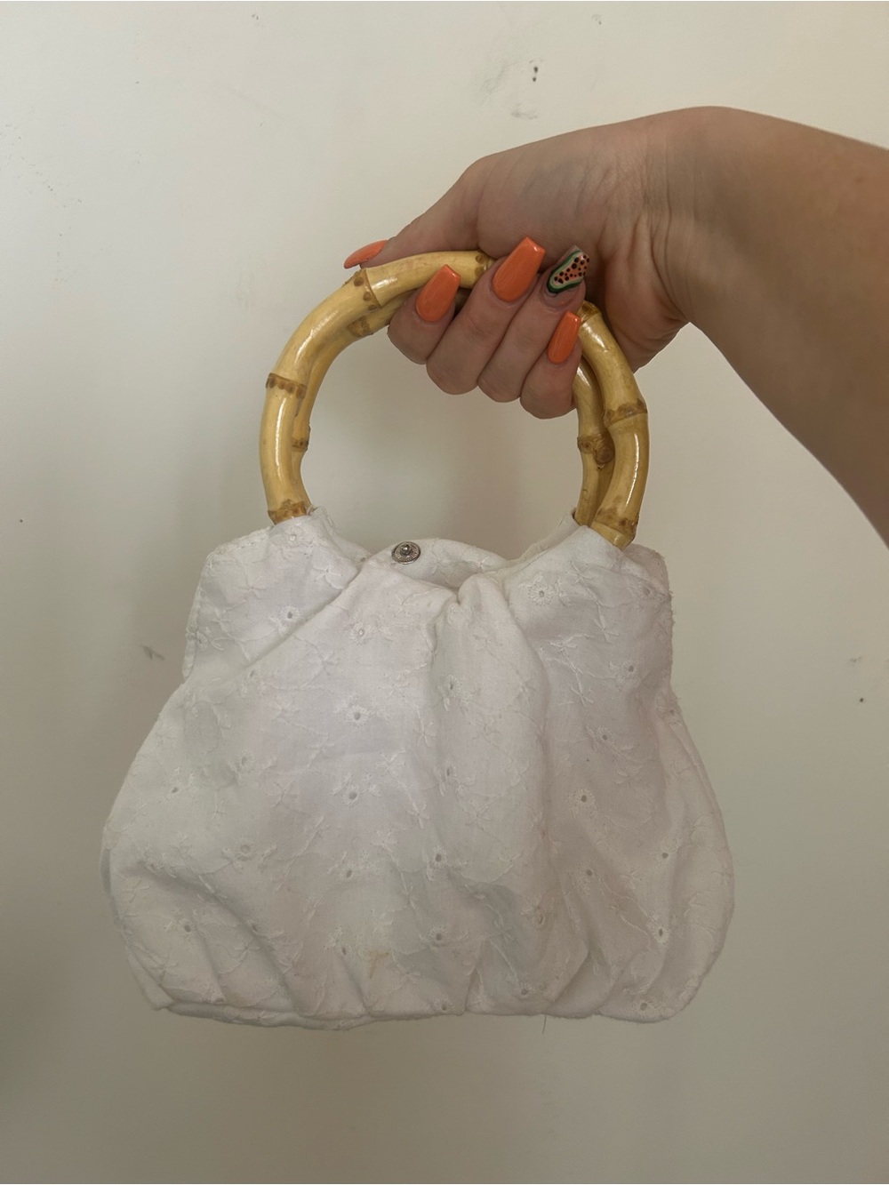 White Eyelet Bamboo Handle Shoulder Bag